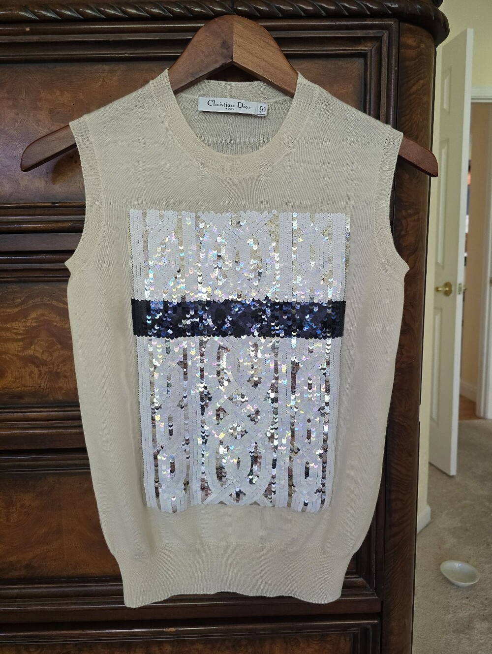 CHRISTIAN DIOR Thin Knit Ivory Black / White Sequin Vest Top 34, XS ❤️